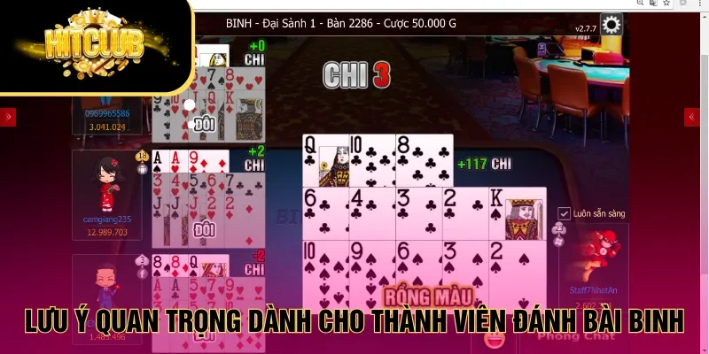 Lưu ý quan trọng dành cho thành viên đánh bài Binh
